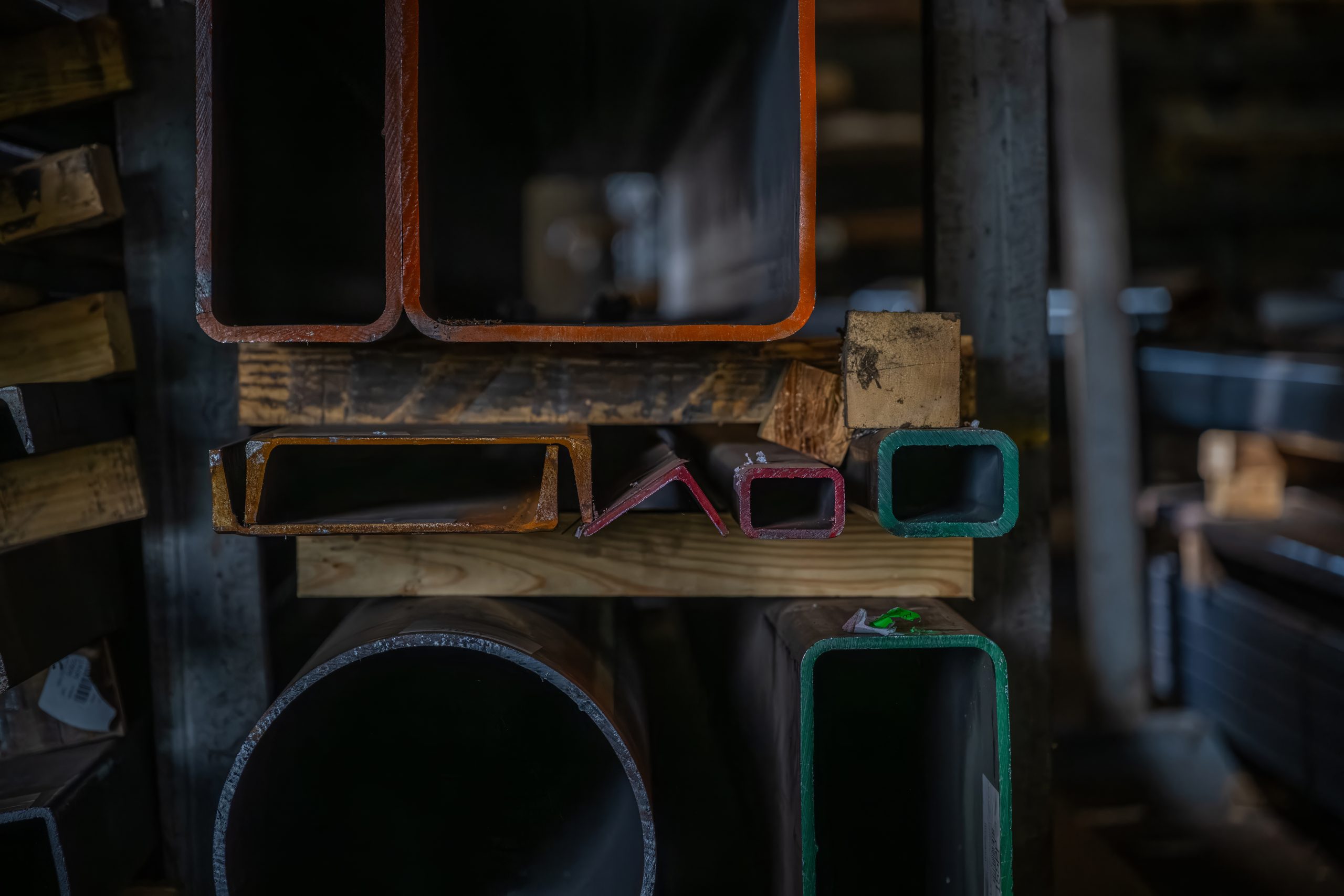 Different shapes of structural steel in a wooden racking system