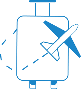 Blue roller bag standing up right with a plane going across the front of the bag