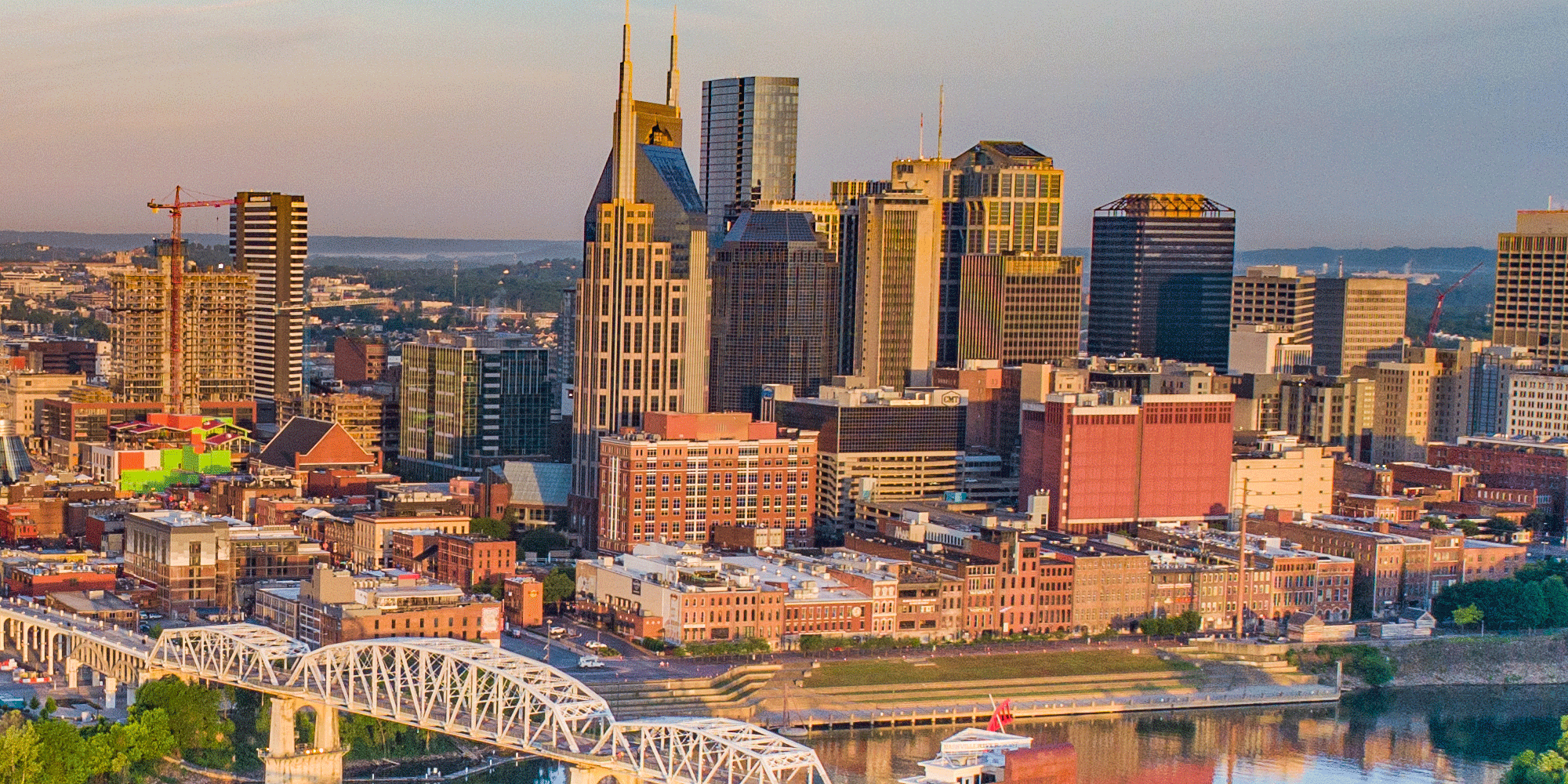 Aerial view of Nashville Tennessee at sunrise.