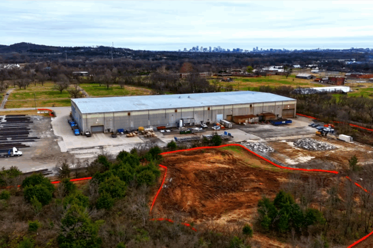 Aerial view of Siskin Steel Nashville with downtown Nashville skyline in the distance